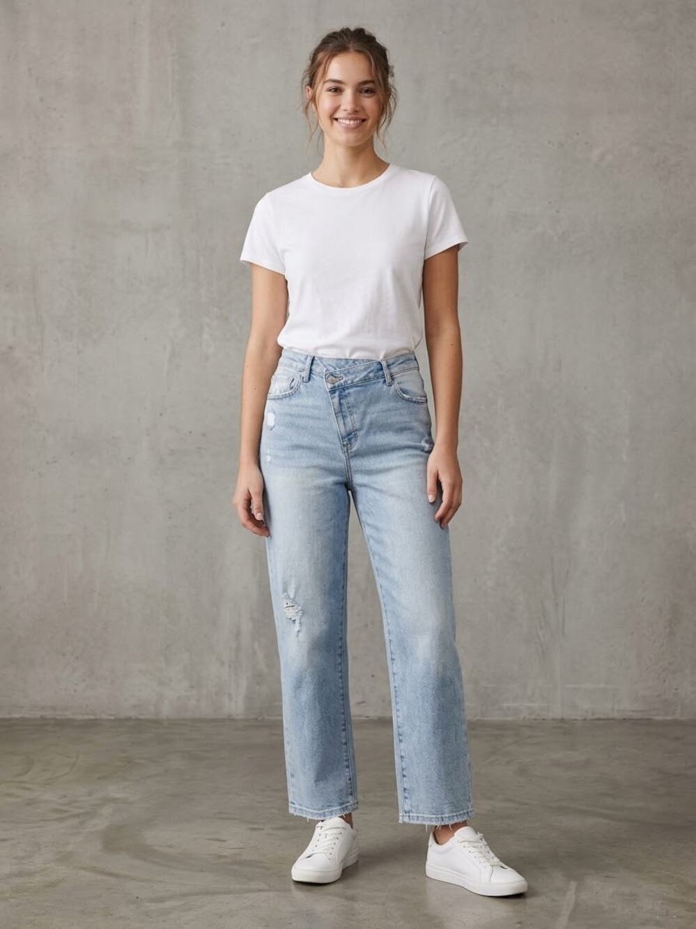 Risen Jeans Light Wash Asymmetric Cross Waist Straight Leg
